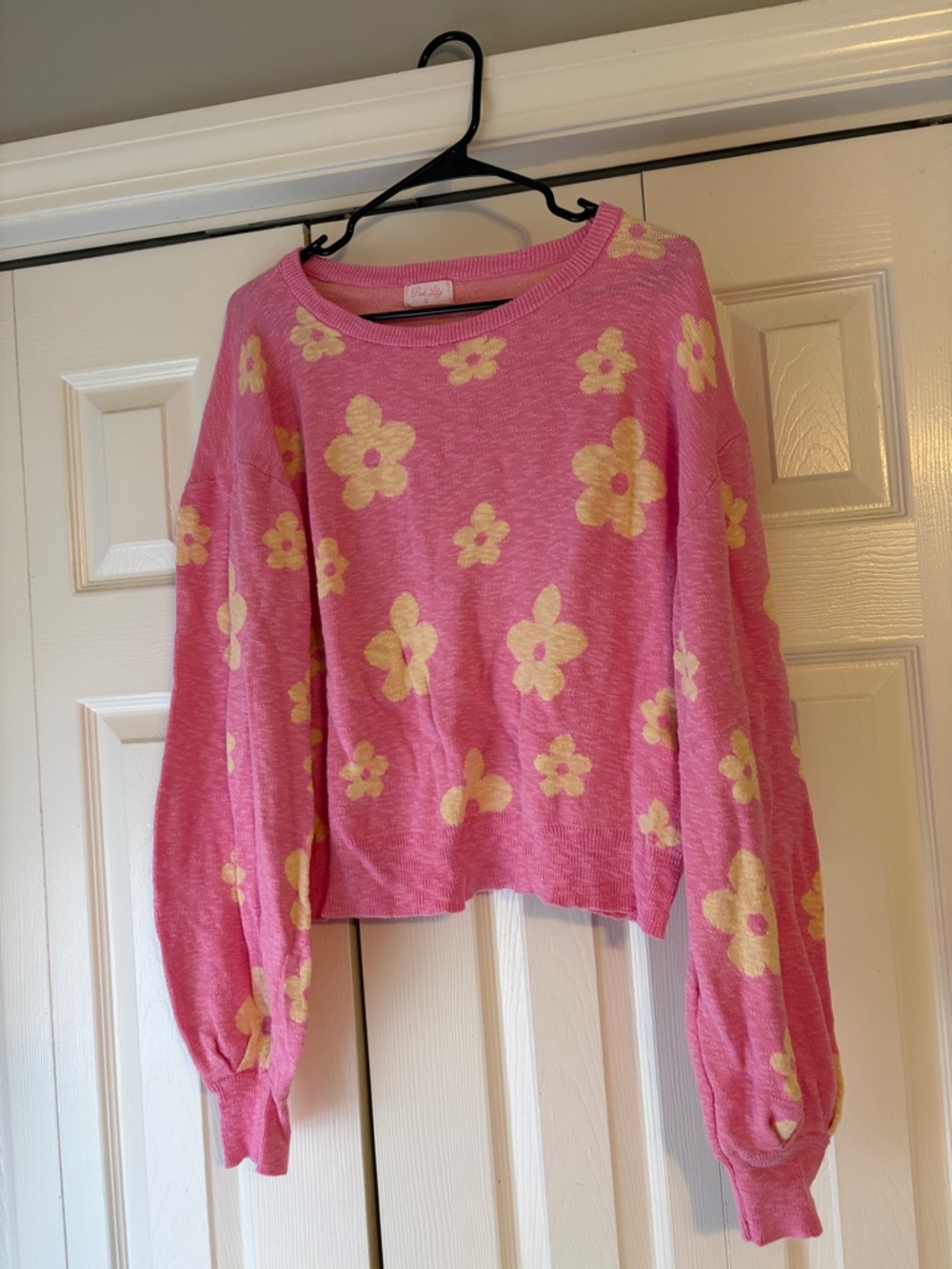 Pink Lily Pink Crewneck Sweater with Yellow Floral Print